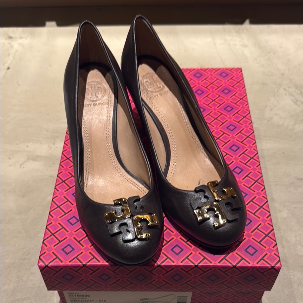 Tory Burch Brown and Gold Wedge Heels with Signature Logo